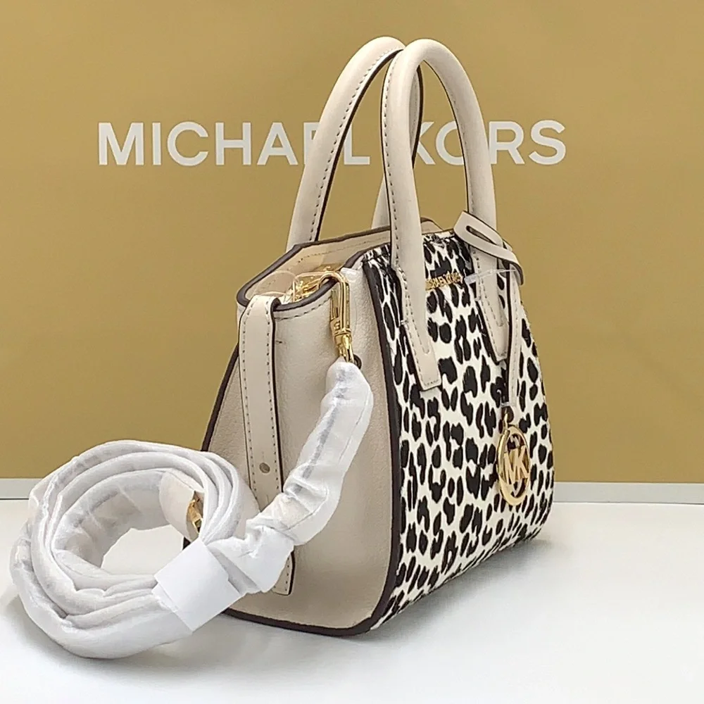 Avril Extra-Small Cheetah Print Calf Hair and Leather Satchel Light Cream multi